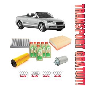 Set Pachet filtre revizie Bosch, 6 litrii ulei Castrol 5W30 AUDI A4 B6 Convertible (8H7) 2.5 TDI din 2002-2005, 4x Stickere auto cu AUDI