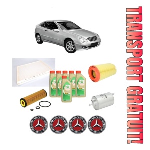Set Pachet filtre revizie Bosch, 6 litrii ulei Castrol 5W30 MERCEDES-BENZ C-CLASS Coupe (CL203) C 200 Kompressor (203.742) din 2002-2008, 4x Stickere auto cu MERCEDES-BENZ