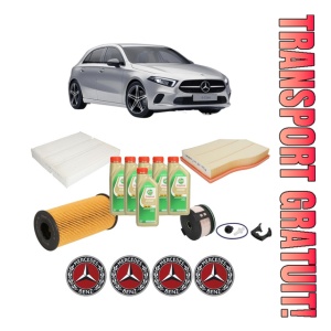 Set Pachet filtre revizie Bosch, 6 litrii ulei Castrol 5W30 MERCEDES-BENZ A-CLASS (W177) A 180 d (177.003) din 2018, 4x Stickere auto cu MERCEDES-BENZ