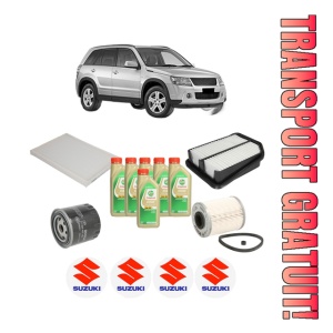 Set Pachet filtre revizie Bosch, 6 litrii ulei Castrol 5W30 SUZUKI GRAND VITARA II (JT, TE, TD) 1.9 DDiS (JB419WD, JB419XD) din 2006-2008, 4x Stickere auto cu SUZUKI