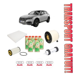 Set Pachet filtre revizie Bosch, 7 litrii ulei Castrol 5W30 AUDI Q5 (FYB, FYG) SQ5 TDI Mild Hybrid quattro din 2019-2020, 4x Stickere auto cu AUDI