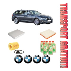 Set Pachet filtre revizie Bosch, 7 litrii ulei Castrol 5W30 BMW Seria 3 Touring (F31) 335 i xDrive din 2013, 4x Stickere auto cu BMW