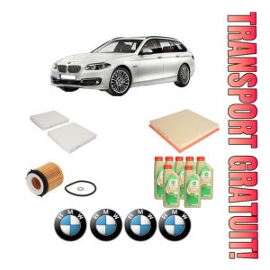 Set Pachet filtre revizie Bosch, 7 litrii ulei Castrol 5W30 BMW Seria 5 Touring (F11) 535 i din 2010-2017, 4x Stickere auto cu BMW