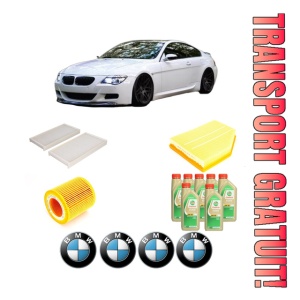 Set Pachet filtre revizie Bosch, 7 litrii ulei Castrol 5W30 BMW Seria 6 Convertible (E64) 630 i din 2004-2007, 4x Stickere auto cu BMW