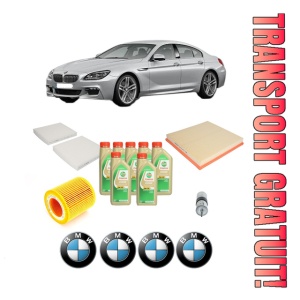 Set Pachet filtre revizie Bosch, 7 litrii ulei Castrol 5W30 BMW Seria 6 Gran Coupe (F06) 640 i xDrive din 2013-2018, 4x Stickere auto cu BMW
