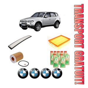 Set Pachet filtre revizie Bosch, 7 litrii ulei Castrol 5W30 BMW Seria X3 (E83) 2.5 i din 2004-2006, 4x Stickere auto cu BMW