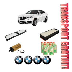 Set Pachet filtre revizie Bosch, 7 litrii ulei Castrol 5W30 BMW Seria X6 (F16, F86) xDrive 40 d din 2014-2019, 4x Stickere auto cu BMW