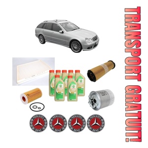 Set Pachet filtre revizie Bosch, 7 litrii ulei Castrol 5W30 MERCEDES-BENZ C-CLASS T-Model (S203) C 200 CDI (203.207) din 2003-2007, 4x Stickere auto cu MERCEDES-BENZ