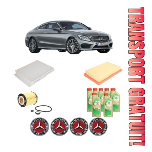 Set Pachet filtre revizie Bosch, 7 litrii ulei Castrol 5W30 MERCEDES-BENZ C-CLASS Coupe (C205) C 200 4-matic (205.343) din 2016-2018, 4x Stickere auto cu MERCEDES-BENZ
