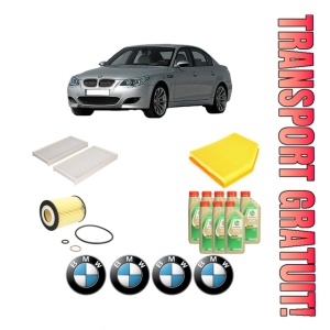 Set Pachet filtre revizie Bosch, 8 litrii ulei Castrol 5W30 BMW Seria 5 (E60) 545 i din 2003-2005, 4x Stickere auto cu BMW