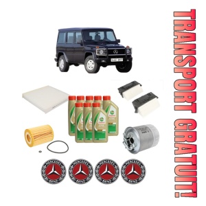 Set Pachet filtre revizie Bosch, 8 litrii ulei Castrol 5W40 MERCEDES-BENZ G-CLASS (W463) G 350 CDI (463.306, 463.340, 463.341, 463.346) din 2009-2011, 4x Stickere auto cu MERCEDES-BENZ