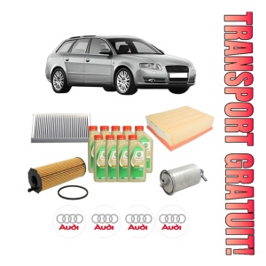 Set Pachet filtre revizie Bosch, 9 litrii ulei Castrol 5W30 AUDI A4 B7 Avant (8ED) 2.7 TDi din 2005-2008, 4x Stickere auto cu AUDI