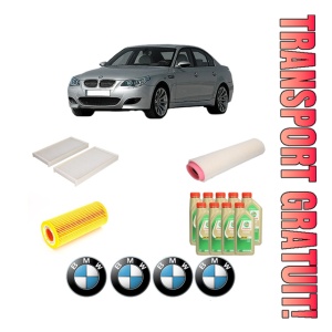 Set Pachet filtre revizie Bosch, 9 litrii ulei Castrol 5W30 BMW Seria 5 (E60) 530 d din 2002-2005, 4x Stickere auto cu BMW