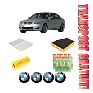 Set Pachet filtre revizie Bosch, 9 litrii ulei Castrol 5W30 BMW Seria 5 (E60) 535 d din 2004-2010, 4x Stickere auto cu BMW