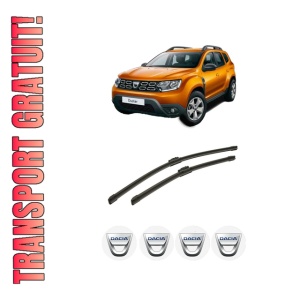 Set stergatoare auto DACIA DUSTER SUV Van din 2011-2018, pentru parbriz auto, 2 bucati, Bosch Aerotwin, din cauciuc siliconat rezistent, 4 Stickere Auto DACIA
