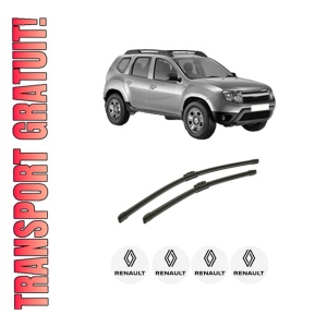 Set stergatoare auto RENAULT DUSTER (HS_) din 2010-2018, pentru parbriz auto, 2 bucati, Bosch Aerotwin, din cauciuc siliconat rezistent, 4 Stickere Auto RENAULT