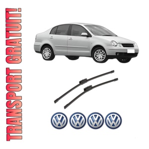 Set stergatoare auto Volkswagen POLO IV Saloon (9A4, 9A2, 9N2, 9A6) din 2002-2012, pentru parbriz auto, 2 bucati, Bosch Aerotwin Multi, din cauciuc siliconat rezistent, 4 Stickere Auto Volkswagen
