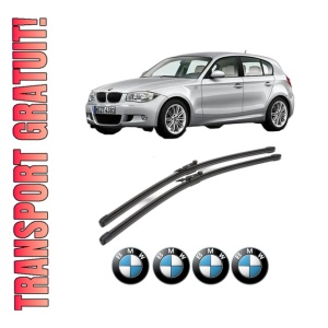 Set stergatoare BMW Seria 1 (E87) din 2004-2011, pentru parbriz auto, 2 bucati, Valeo Silencio Xtrm, din cauciuc siliconat rezistent, 4 Stickere Auto BMW Seria