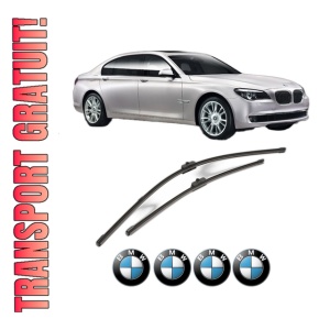 Set stergatoare BMW Seria 7 (F01, F02, F03, F04) din 2008-2015, pentru parbriz auto, 2 bucati, Valeo Silencio, din cauciuc siliconat rezistent, 4 Stickere Auto BMW Seria