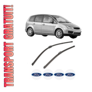 Set stergatoare FORD FOCUS C-MAX (DM2) din 2003-2007, pentru parbriz auto, 2 bucati, Valeo Silencio Xtrm, din cauciuc siliconat rezistent, 4 Stickere Auto FORD