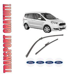 Set stergatoare FORD TOURNEO COURIER B460 MPV din 2014-2023, pentru parbriz auto, 2 bucati, Valeo Silencio Xtrm, din cauciuc siliconat rezistent, 4 Stickere Auto FORD