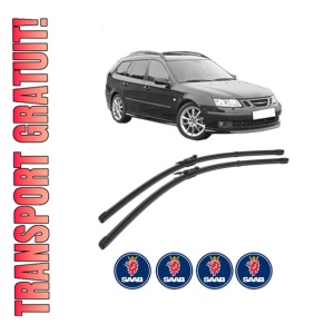 Set stergatoare SAAB 9-3 Estate (E50) din 2005-2015, pentru parbriz auto, 2 bucati, Valeo Silencio Xtrm, din cauciuc siliconat rezistent, 4 Stickere Auto SAAB