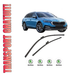 Set stergatoare SKODA Octavia IV (NX3, NN3, PV3) din 2020-2025, pentru parbriz auto, 2 bucati, Valeo Silencio Xtrm, din cauciuc siliconat rezistent, 4 Stickere Auto SKODA