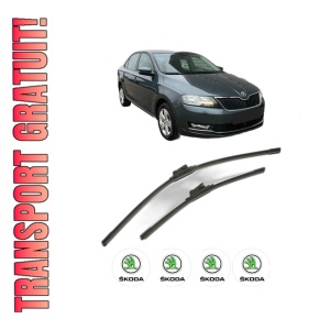 Set stergatoare SKODA RAPID (NH3, NK3, NK6) din 2012-2022, pentru parbriz auto, 2 bucati, Bosch Aerotwin, din cauciuc siliconat rezistent, 4 Stickere Auto SKODA