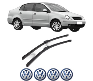 Set stergatoare Volkswagen POLO IV Saloon (9A4, 9A2, 9N2, 9A6) din 2002-2012, pentru parbriz auto, 2 bucati, Bosch Aerotwin, din cauciuc siliconat rezistent, 4 Stickere Auto Volkswagen v43701
