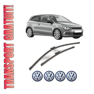 Set stergatoare Volkswagen POLO V (6R1, 6C1) din 2009-2022, pentru parbriz auto, 2 bucati, Valeo Silencio Xtrm, din cauciuc siliconat rezistent, 4 Stickere Auto Volkswagen