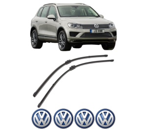 Set stergatoare Volkswagen TOUAREG (7P5, 7P6) din 2010-2018, pentru parbriz auto, 2 bucati, Valeo Silencio Xtrm, din cauciuc siliconat rezistent, 4 Stickere Auto Volkswagen v40446
