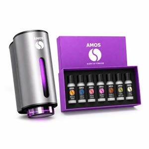 Difuzor parfum auto AMOS Mini, 1 set rezerve parfum 7 arome, odorizant inteligent, arome intense, 3 trepte intensitate