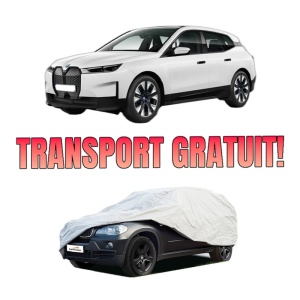 Husa tip prelata auto BMW iX (I20) din 2021-2022, Culoare Gri, material textil impermeabil, rezistanta la intemperii praf UV, CARPASSION Husa Protectie, 4 Stickere auto cu BMW