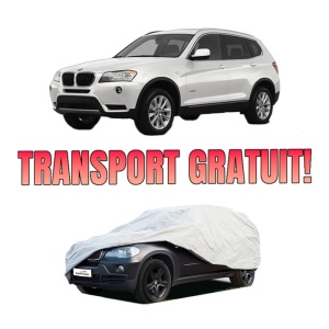 Husa tip prelata auto BMW X3 (F25) din 2010-2017, Culoare Gri, material textil impermeabil, rezistanta la intemperii praf UV, CARPASSION Husa Protectie, 4 Stickere auto cu BMW