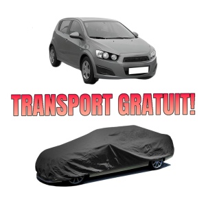Husa tip prelata auto CHEVROLET AVEO Hatchback (T300) din 2011-2015, Culoare Negru, material textil impermeabil, rezistanta la intemperii praf UV, CARPASSION Husa Protectie, 4 Stickere auto cu CHEVROLET