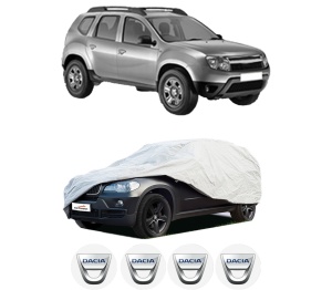 Husa tip prelata auto DACIA DUSTER (HS_) din 2010-2018, Culoare Gri, material textil impermeabil, rezistanta la intemperii praf UV, CARPASSION Husa Protectie, 4 Stickere auto cu DACIA - Img 2