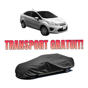 Husa tip prelata auto FORD FIESTA Saloon din 2002-2017, Culoare Negru, material textil impermeabil, rezistanta la intemperii praf UV, CARPASSION Husa Protectie, 4 Stickere auto cu FORD