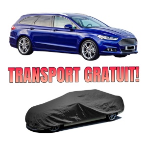 Husa tip prelata auto FORD MONDEO V Turnier (CF) din 2014-2019, Culoare Negru, material textil impermeabil, rezistanta la intemperii praf UV, CARPASSION Husa Protectie, 4 Stickere auto cu FORD
