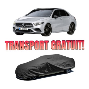 Husa tip prelata auto MERCEDES-BENZ A-CLASS Saloon (V177) din 2018-2022, Culoare Negru, material textil impermeabil, rezistanta la intemperii praf UV, CARPASSION Husa Protectie, 4 Stickere auto cu MERCEDES-BENZ