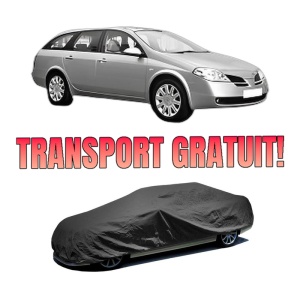 Husa tip prelata auto NISSAN PRIMERA Estate (WP12) din 2001-2007, Culoare Negru, material textil impermeabil, rezistanta la intemperii praf UV, CARPASSION Husa Protectie, 4 Stickere auto cu NISSAN