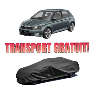 Husa tip prelata auto SKODA FABIA III (NJ3) din 2014-2021, Culoare Negru, material textil impermeabil, rezistanta la intemperii praf UV, CARPASSION Husa Protectie, 4 Stickere auto cu SKODA