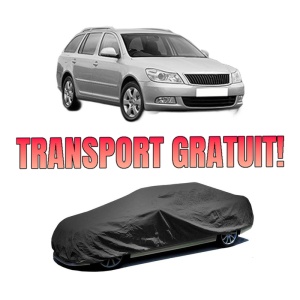 Husa tip prelata auto SKODA Octavia II Combi (1Z5) din 2004-2013, Culoare Negru, material textil impermeabil, rezistanta la intemperii praf UV, CARPASSION Husa Protectie, 4 Stickere auto cu SKODA
