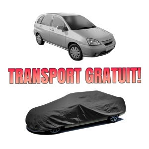 Husa tip prelata auto SUZUKI LIANA Hatchback din 2001-2007, Culoare Negru, material textil impermeabil, rezistanta la intemperii praf UV, CARPASSION Husa Protectie, 4 Stickere auto cu SUZUKI