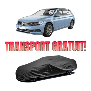 Husa tip prelata auto Volskwagen PASSAT B8 Variant (3G5, CB5) din 2014-2024, Culoare Negru, material textil impermeabil, rezistanta la intemperii praf UV, CARPASSION Husa Protectie, 4 Stickere auto cu Volskwagen