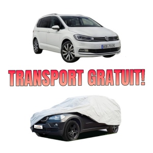 Husa tip prelata auto Volskwagen TOURAN VAN (5T1) din 2020, Culoare Gri, material textil impermeabil, rezistanta la intemperii praf UV, CARPASSION Husa Protectie, 4 Stickere auto cu Volskwagen