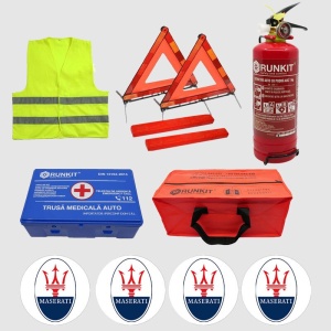 Kit siguranta auto Cri-Flo, Omologat R.A.R, Valabilitate 5 ani, 1x Trusa Prim Ajutor, 2 x Triunghiuri, 1x Stingator tip Spray, 1x Vesta reflectorizanta, Geanta pentru depozitare, 4 Stickere auto cu Maserati - Img 2