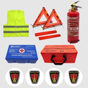 Kit siguranta auto Cri-Flo, Omologat R.A.R, Valabilitate 5 ani, 1x Trusa Prim Ajutor, 2 x Triunghiuri, 1x Stingator tip Spray, 1x Vesta reflectorizanta, Geanta pentru depozitare, 4 Stickere auto cu Rover - Img 2