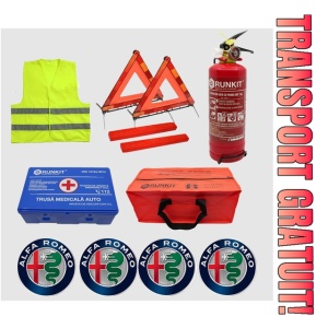 Kit siguranta auto Cri-Flo, Omologat R.A.R, Valabilitate 5 ani, 1x Trusa Prim Ajutor, 2 x Triunghiuri, 1x Stingator tip Spray, 1x Vesta reflectorizanta, Geanta pentru depozitare, 4 Stickere auto cu Alfa-Romeo