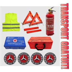 Kit siguranta auto Cri-Flo, Omologat R.A.R, Valabilitate 5 ani, 1x Trusa Prim Ajutor, 2 x Triunghiuri, 1x Stingator tip Spray, 1x Vesta reflectorizanta, Geanta pentru depozitare, 4 Stickere auto cu Mercedes-Benz