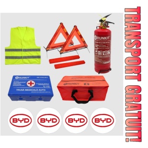 Kit siguranta auto Cri-Flo, Omologat R.A.R, Valabilitate 5 ani, 1x Trusa Prim Ajutor, 2 x Triunghiuri, 1x Stingator tip Spray, 1x Vesta reflectorizanta, Geanta pentru depozitare, 4 Stickere auto cu Byd